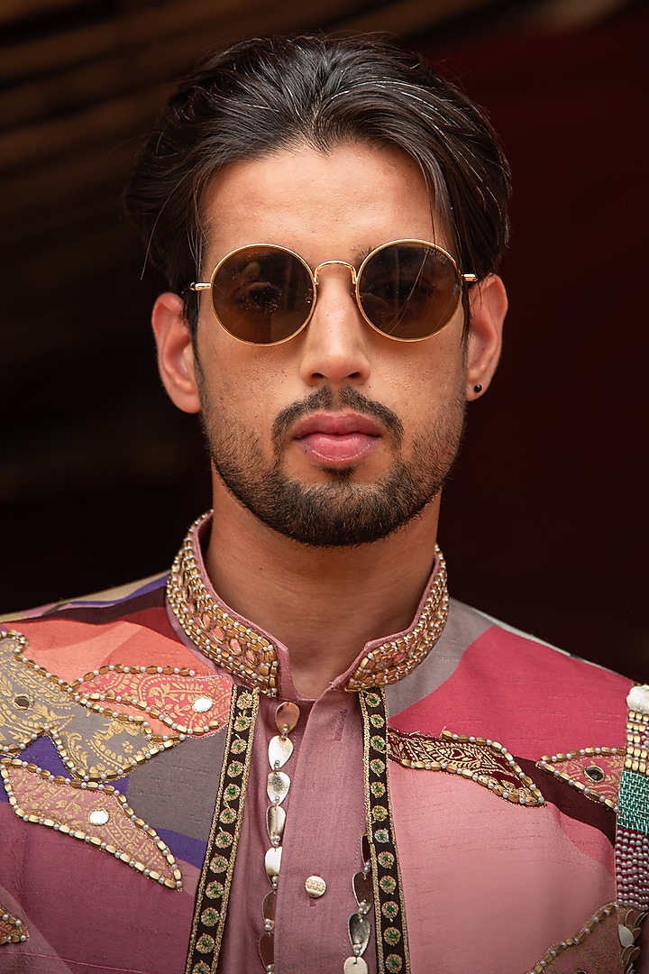Multi-Colored Cotton Silk Floral Printed & Mirror Embroidered Indo-Western Set by Soniya G Men at Pernia's Pop Up Shop