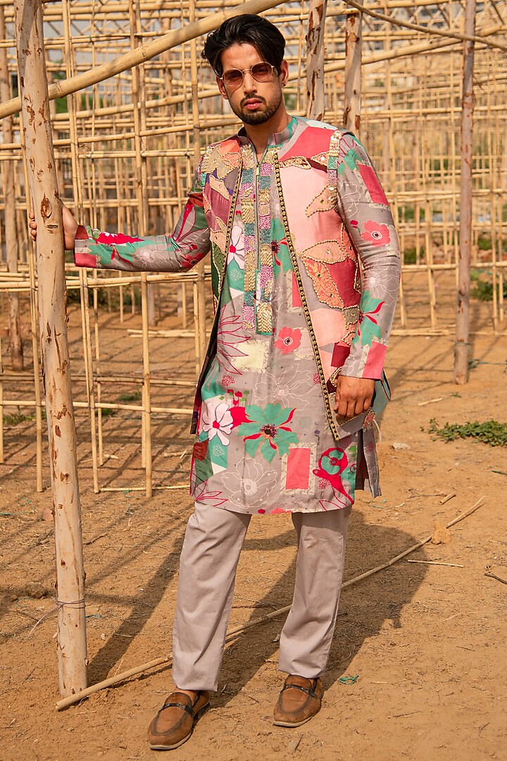 Multi-Colored Cotton Silk Floral Printed Indo-Western Set by Soniya G Men