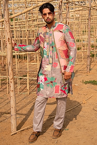 Multi-Colored Cotton Silk Floral Printed Indo-Western Set by Soniya G Men