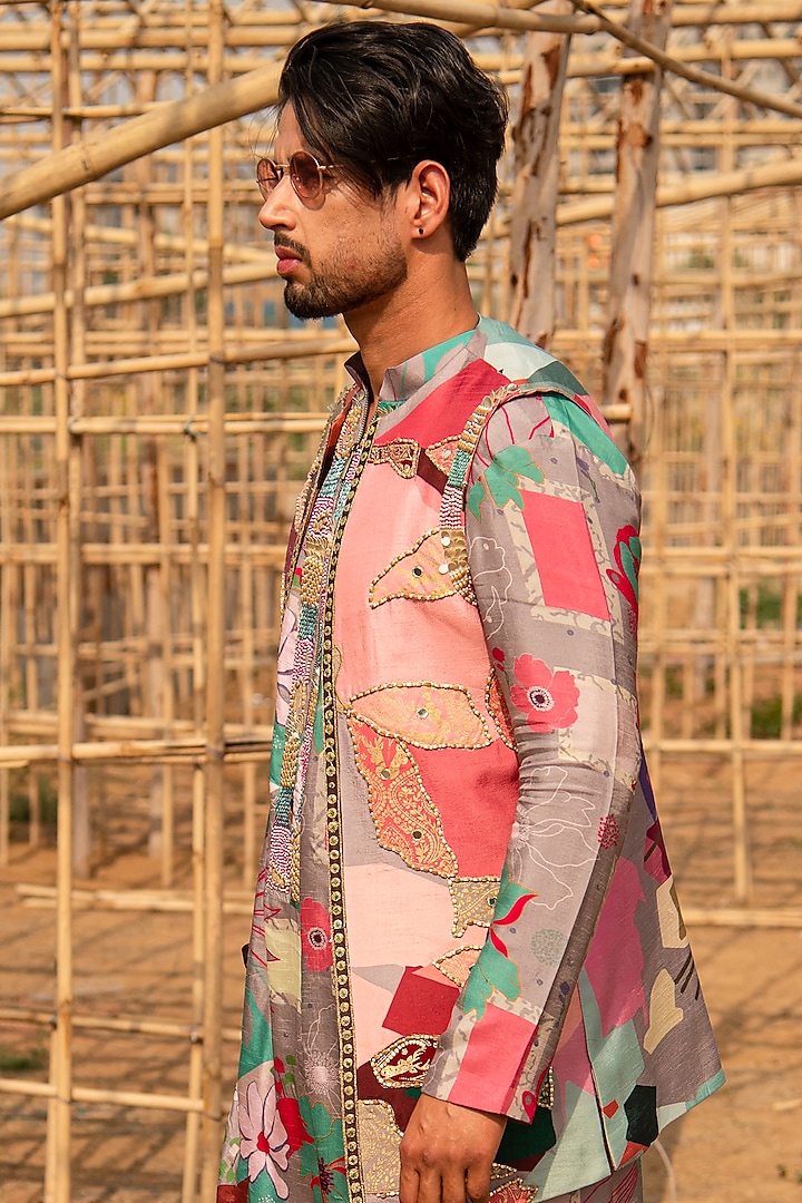 Multi-Colored Cotton Silk Floral Printed Indo-Western Set by Soniya G Men at Pernia's Pop Up Shop