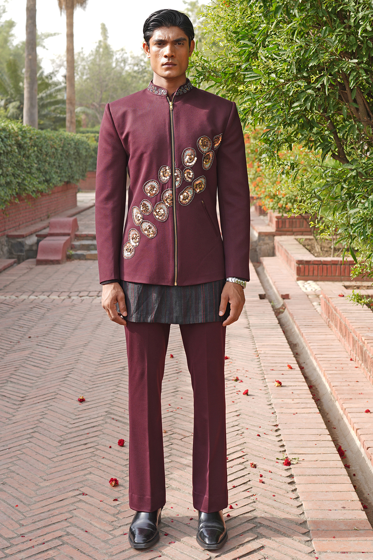 Wine Sheen Embroidered Indowestern Set by Soniya G Men