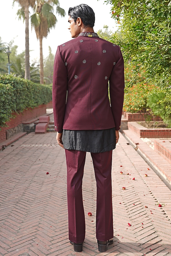 Wine Sheen Embroidered Wedding Bandhgala Set by Soniya G Men at Pernia's Pop Up Shop