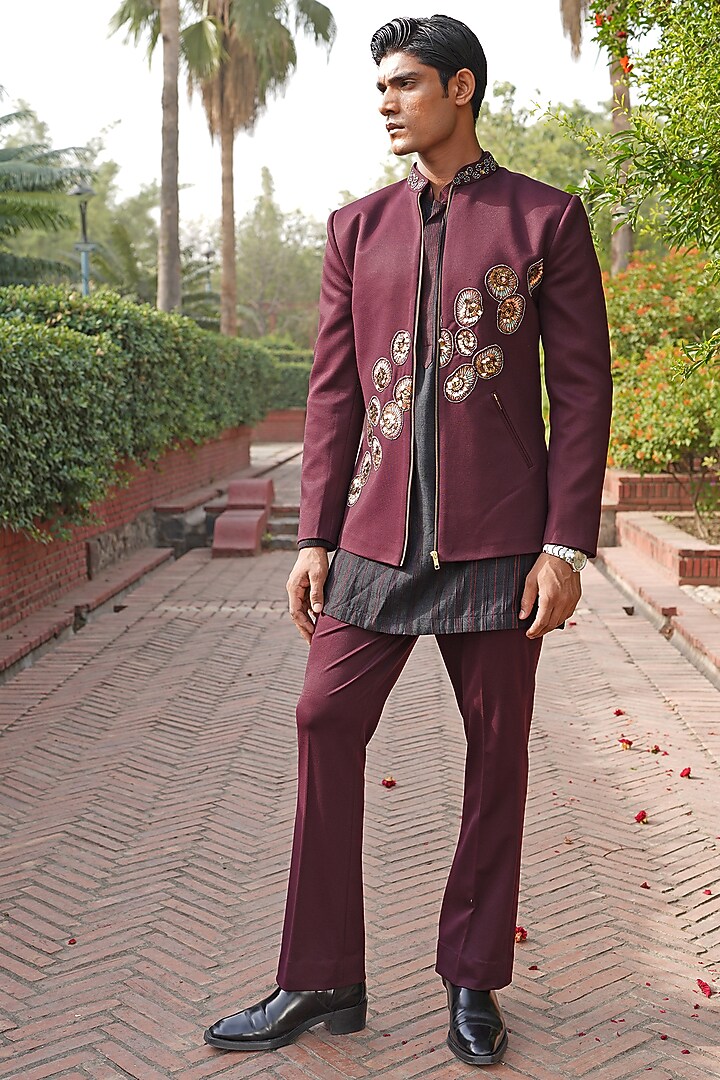 Wine Sheen Embroidered Wedding Bandhgala Set by Soniya G Men at Pernia's Pop Up Shop