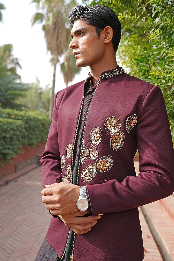 Wine Sheen Embroidered Wedding Bandhgala Set by Soniya G Men at Pernia's Pop Up Shop