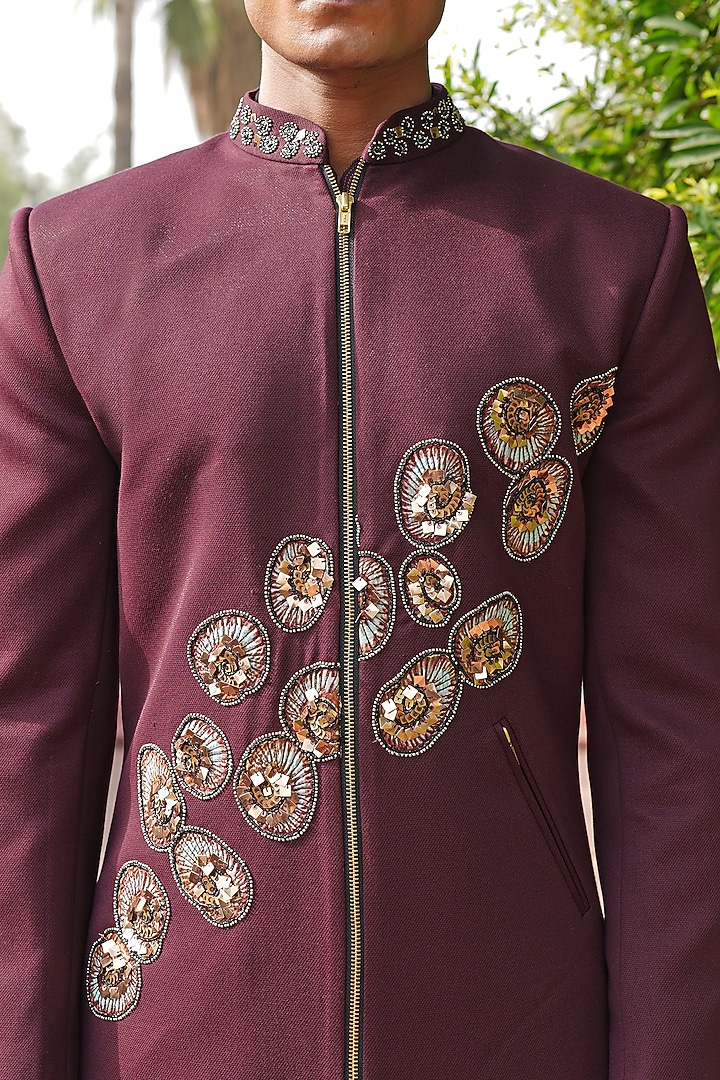 Wine Sheen Embroidered Wedding Bandhgala Set by Soniya G Men at Pernia's Pop Up Shop