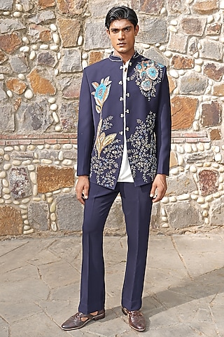 Blue Suiting Fabric Hand Embroidered Bandhgala Set by Soniya G Men