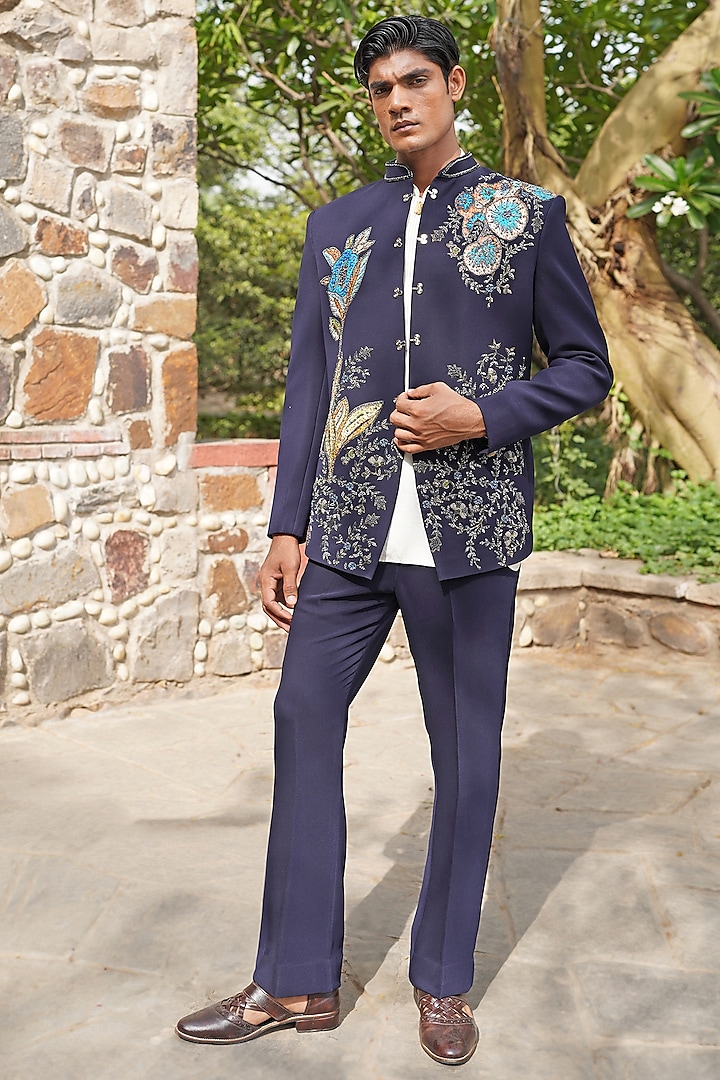 Blue Suiting Fabric Hand Embroidered Wedding Bandhgala Set by Soniya G Men at Pernia's Pop Up Shop
