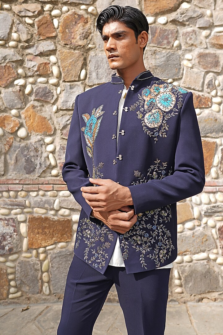 Blue Suiting Fabric Hand Embroidered Wedding Bandhgala Set by Soniya G Men at Pernia's Pop Up Shop