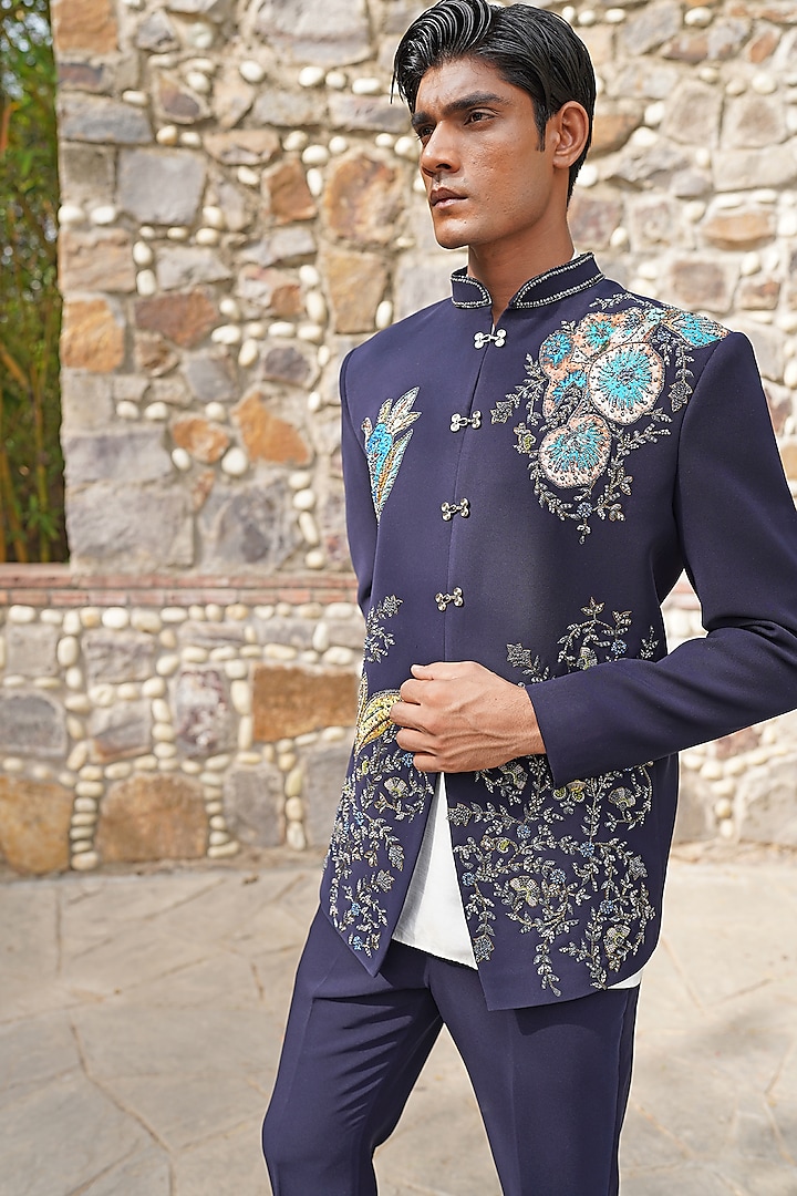 Blue Suiting Fabric Hand Embroidered Wedding Bandhgala Set by Soniya G Men at Pernia's Pop Up Shop