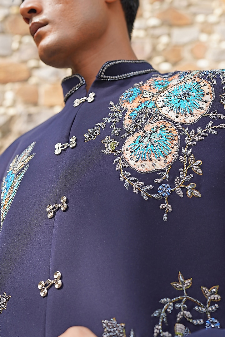 Blue Suiting Fabric Hand Embroidered Wedding Bandhgala Set by Soniya G Men at Pernia's Pop Up Shop