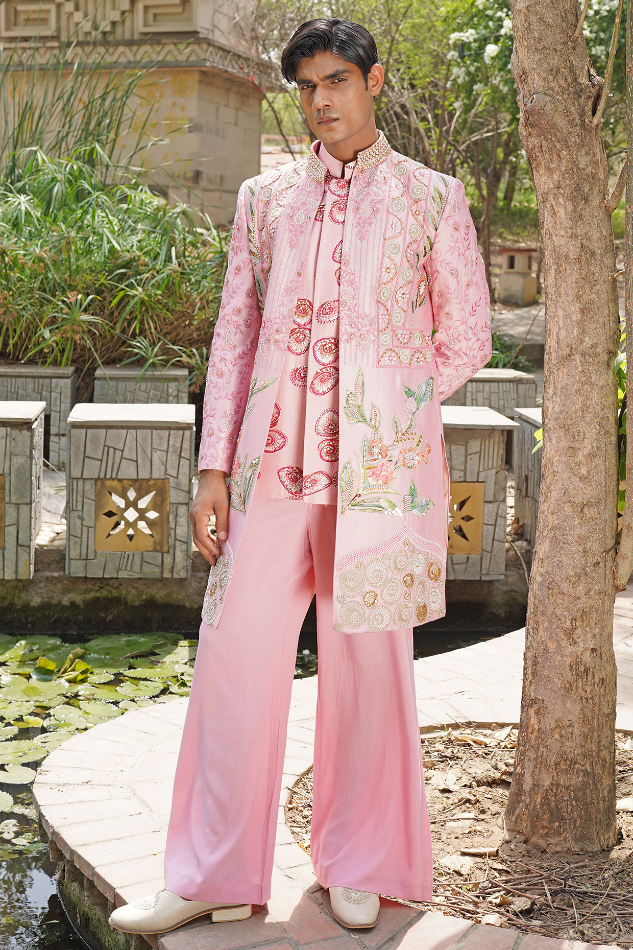 Pastel Pink Silk Blend Hand Embroidered Sherwani Set by Soniya G Men
