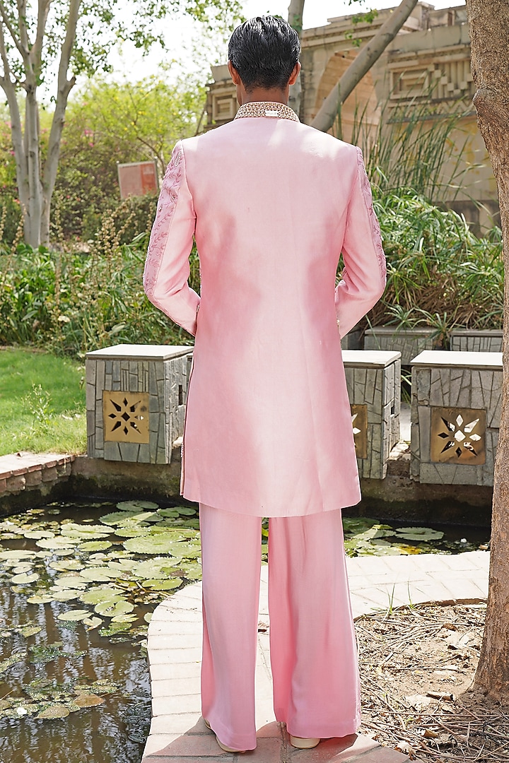Pastel Pink Silk Blend Hand Embroidered Wedding Indowestern Set by Soniya G Men at Pernia's Pop Up Shop