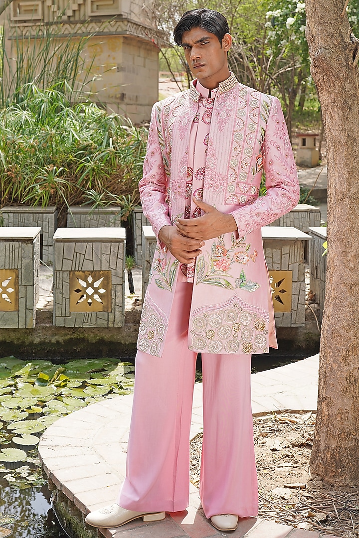 Pastel Pink Silk Blend Hand Embroidered Wedding Indowestern Set by Soniya G Men at Pernia's Pop Up Shop