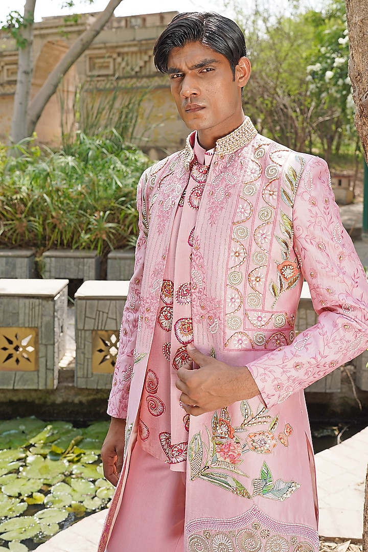 Pastel Pink Silk Blend Hand Embroidered Wedding Indowestern Set by Soniya G Men at Pernia's Pop Up Shop
