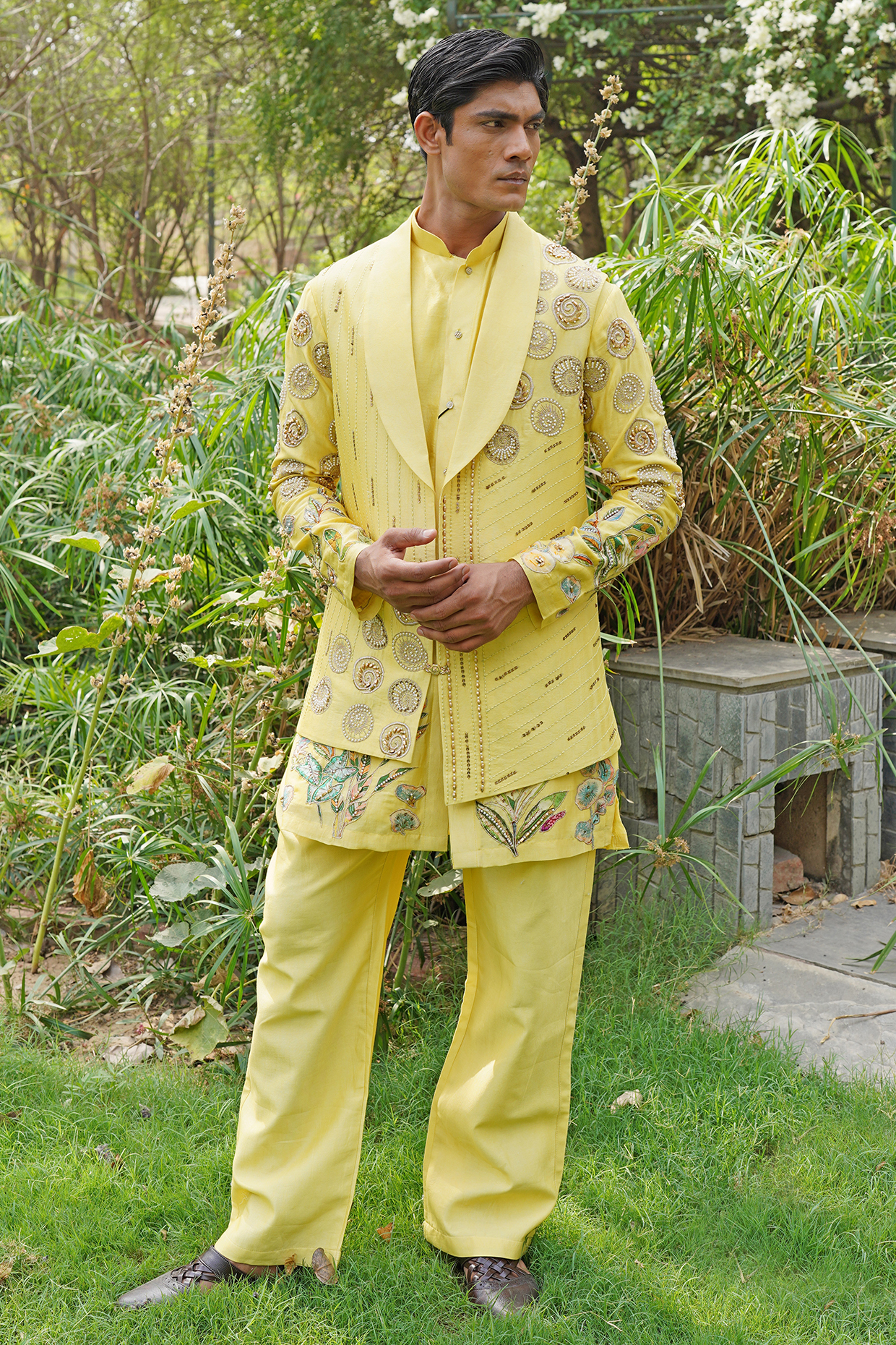 Yellow Chanderi Silk Embroidered Indowestern Set by Soniya G Men