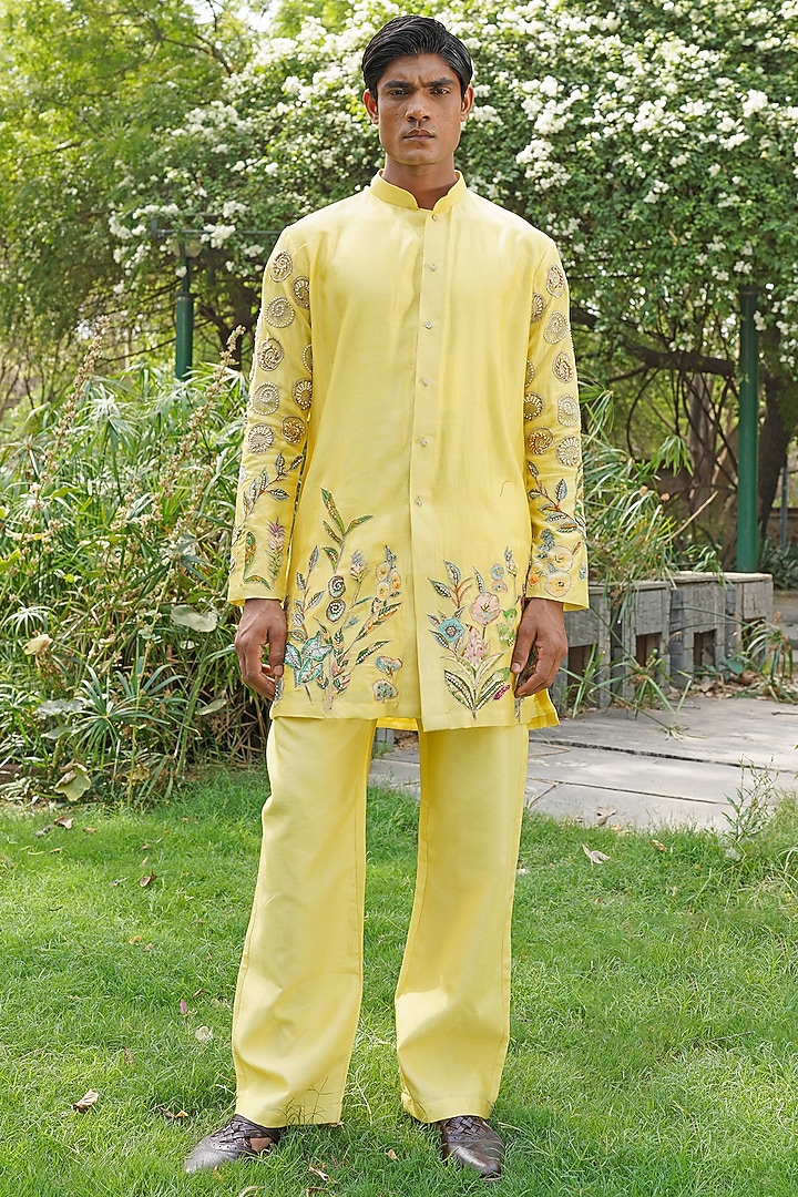 Yellow Chanderi Silk Embroidered Wedding Indowestern Set by Soniya G Men at Pernia's Pop Up Shop