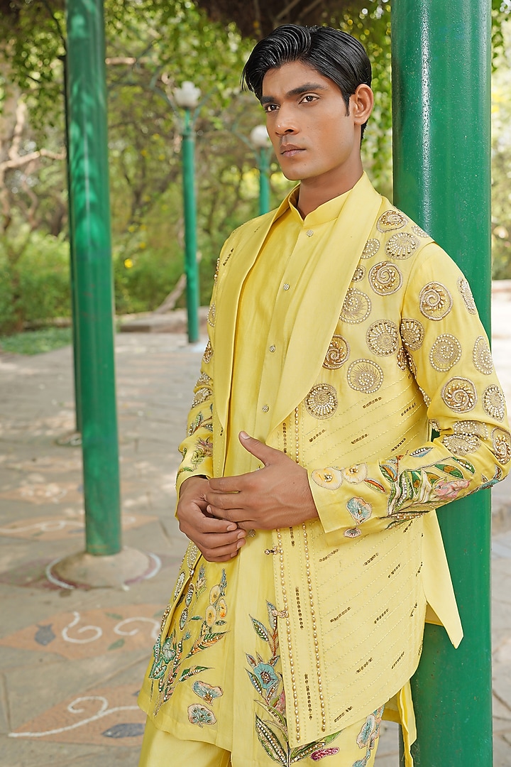 Yellow Chanderi Silk Embroidered Wedding Indowestern Set by Soniya G Men at Pernia's Pop Up Shop