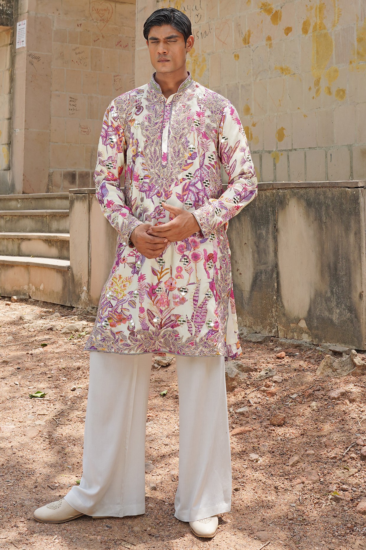 Multi-Colored Muslin Printed & Embroidered Kurta set by Soniya G Men