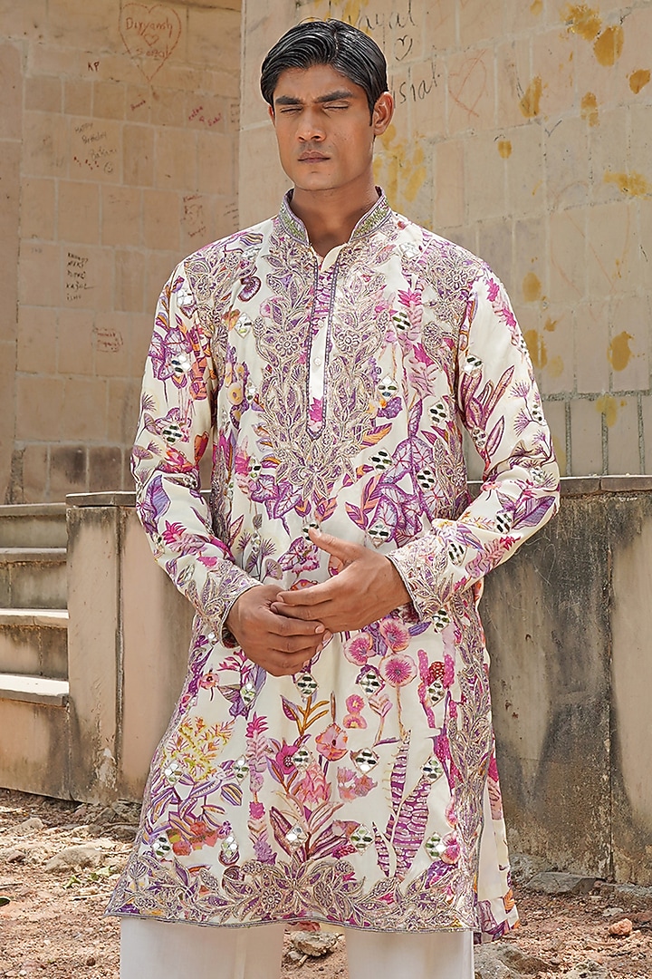 Multi-Colored Muslin Printed & Embroidered Kurta set by Soniya G Men at Pernia's Pop Up Shop
