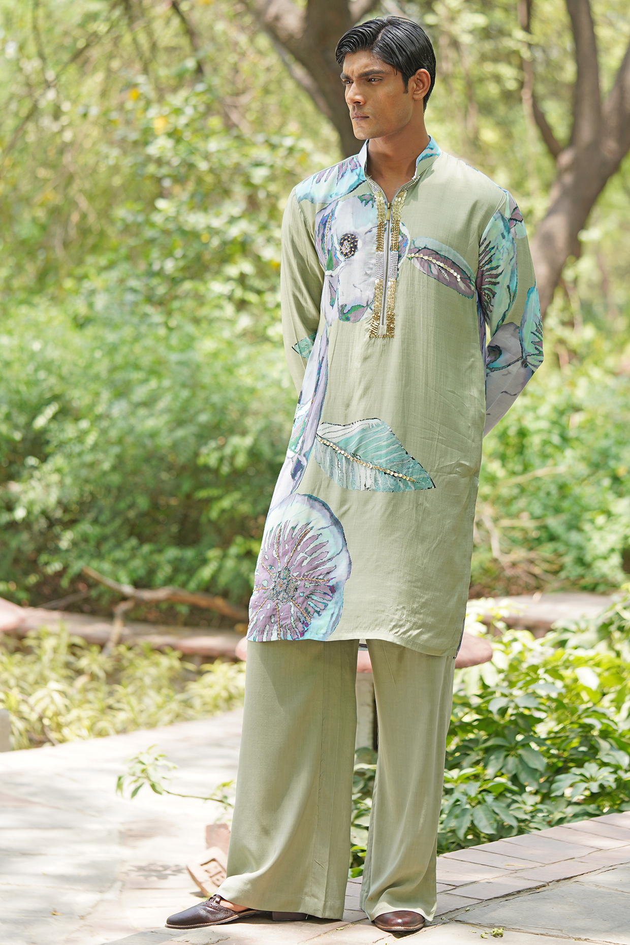 Sage Green Chanderi Silk Hand-Painted & Embellished Kurta Set by Soniya G Men