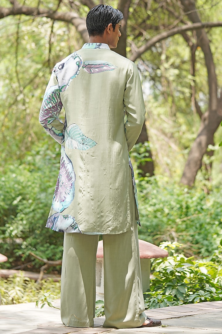 Sage Green Chanderi Silk Hand-Painted & Embellished Kurta Set by Soniya G Men at Pernia's Pop Up Shop