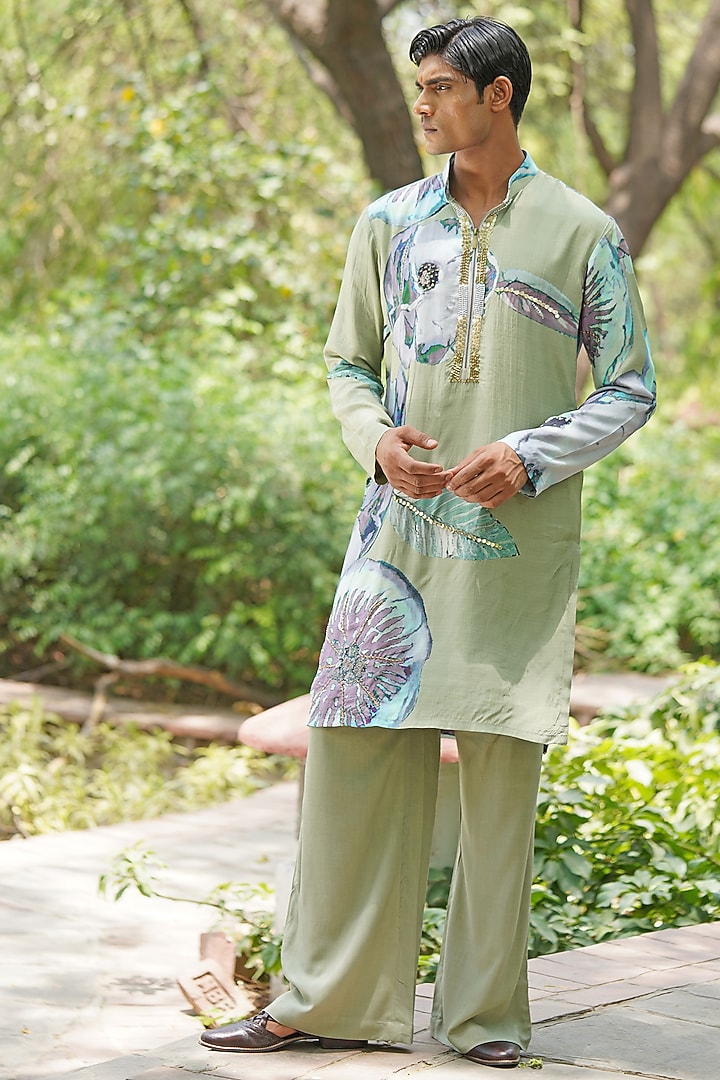 Sage Green Chanderi Silk Hand-Painted & Embellished Kurta Set by Soniya G Men at Pernia's Pop Up Shop