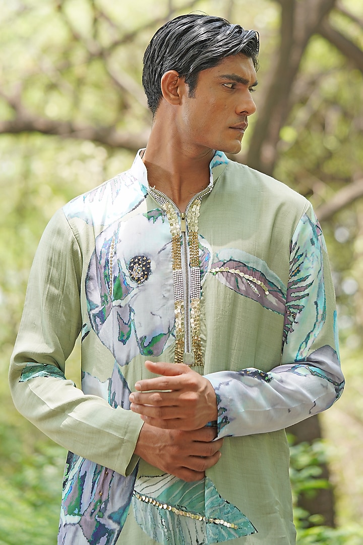 Sage Green Chanderi Silk Hand-Painted & Embellished Kurta Set by Soniya G Men at Pernia's Pop Up Shop