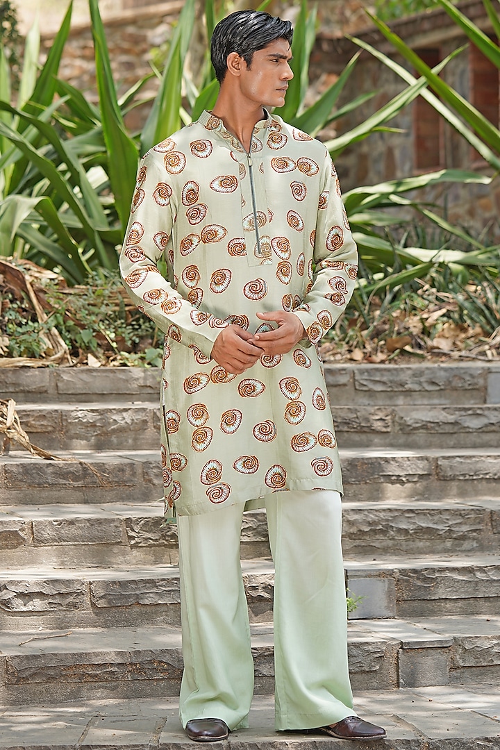 Mint Green Handspun Cotton & Silk Blend Embroidered Kurta Set by Soniya G Men at Pernia's Pop Up Shop