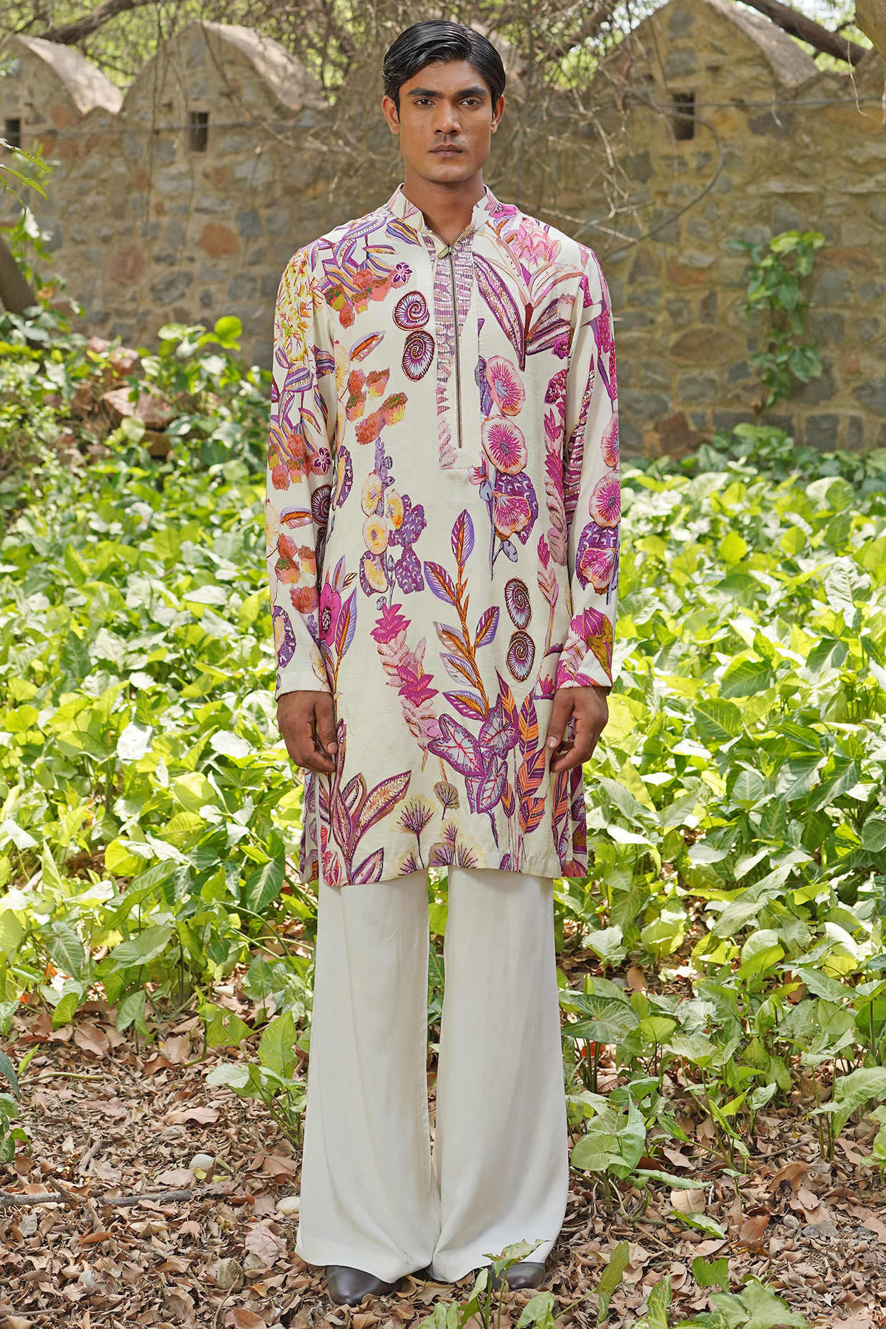 Ivory Cotton Silk Printed & Embroidered Kurta Set by Soniya G Men