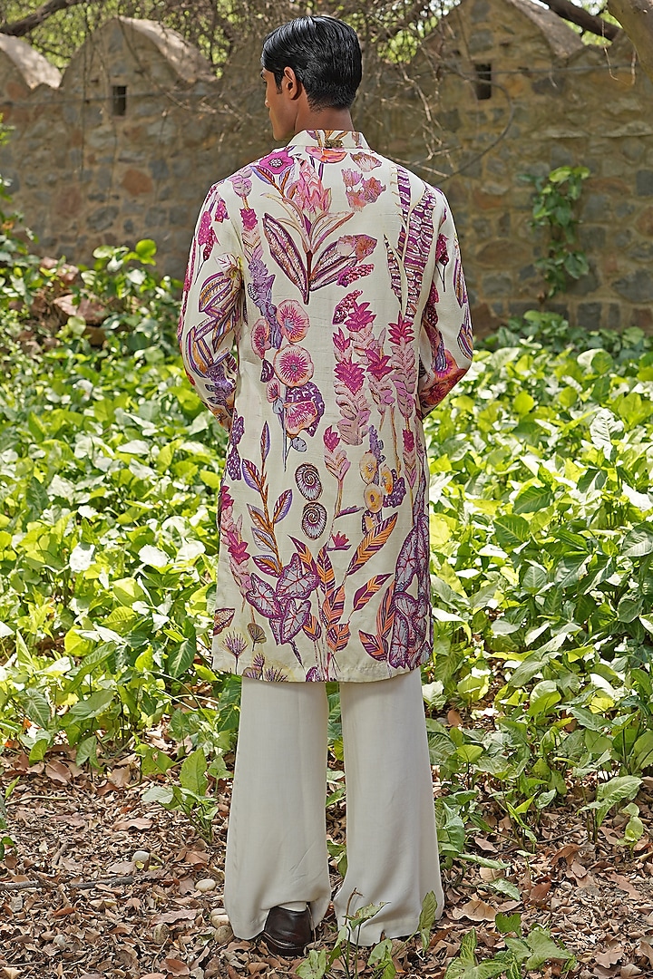 Ivory Cotton Silk Printed & Embroidered Kurta Set by Soniya G Men at Pernia's Pop Up Shop
