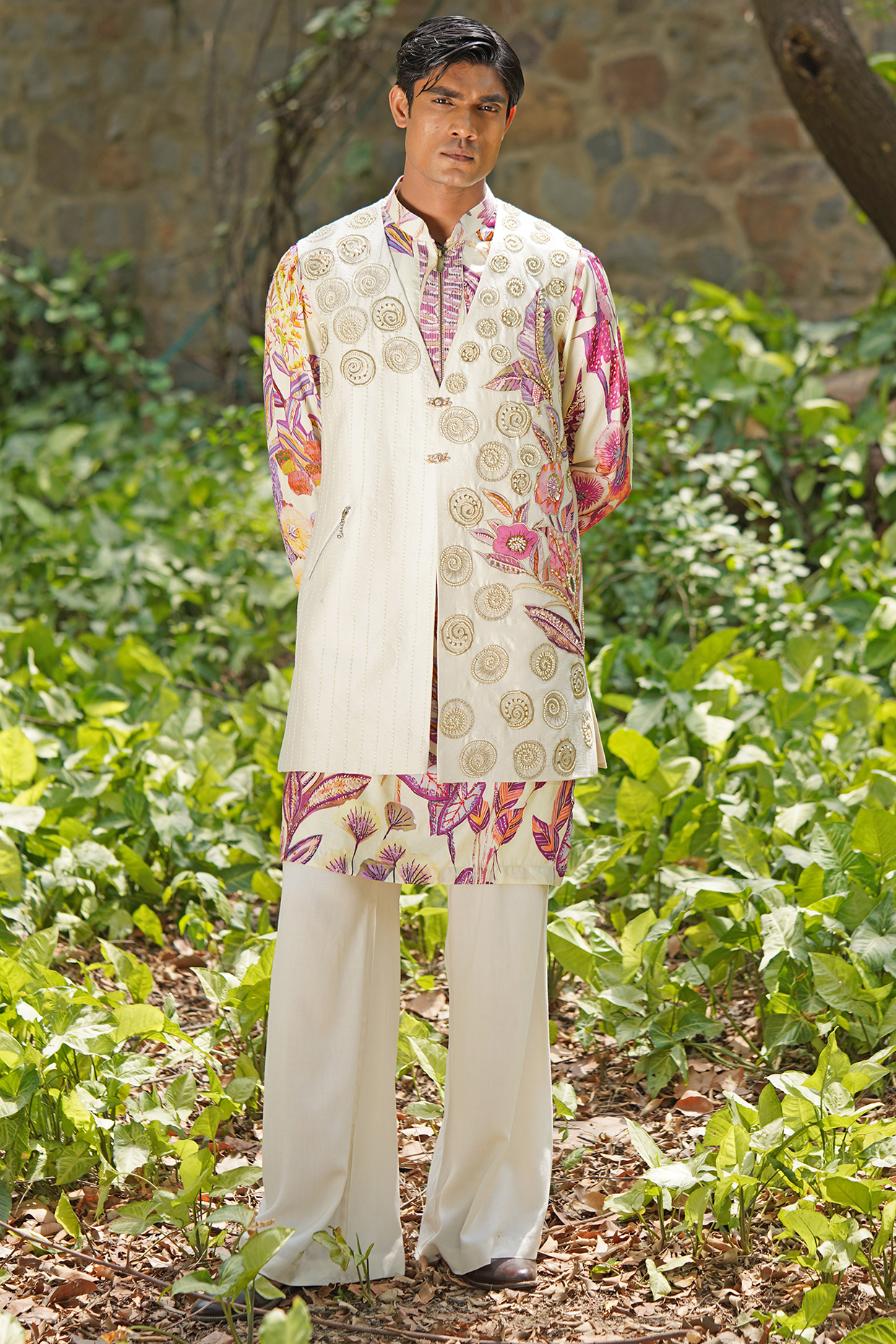 Ivory Raw Silk Hand Embroidered & Digital Printed Waistcoat Set by Soniya G Men