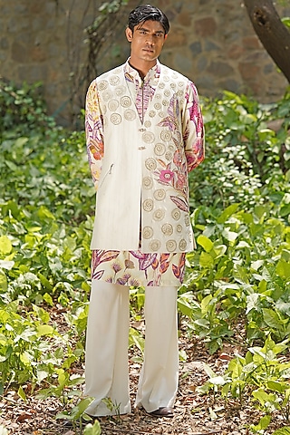 Ivory Raw Silk Hand Embroidered & Digital Printed Indowestern Set by Soniya G Men