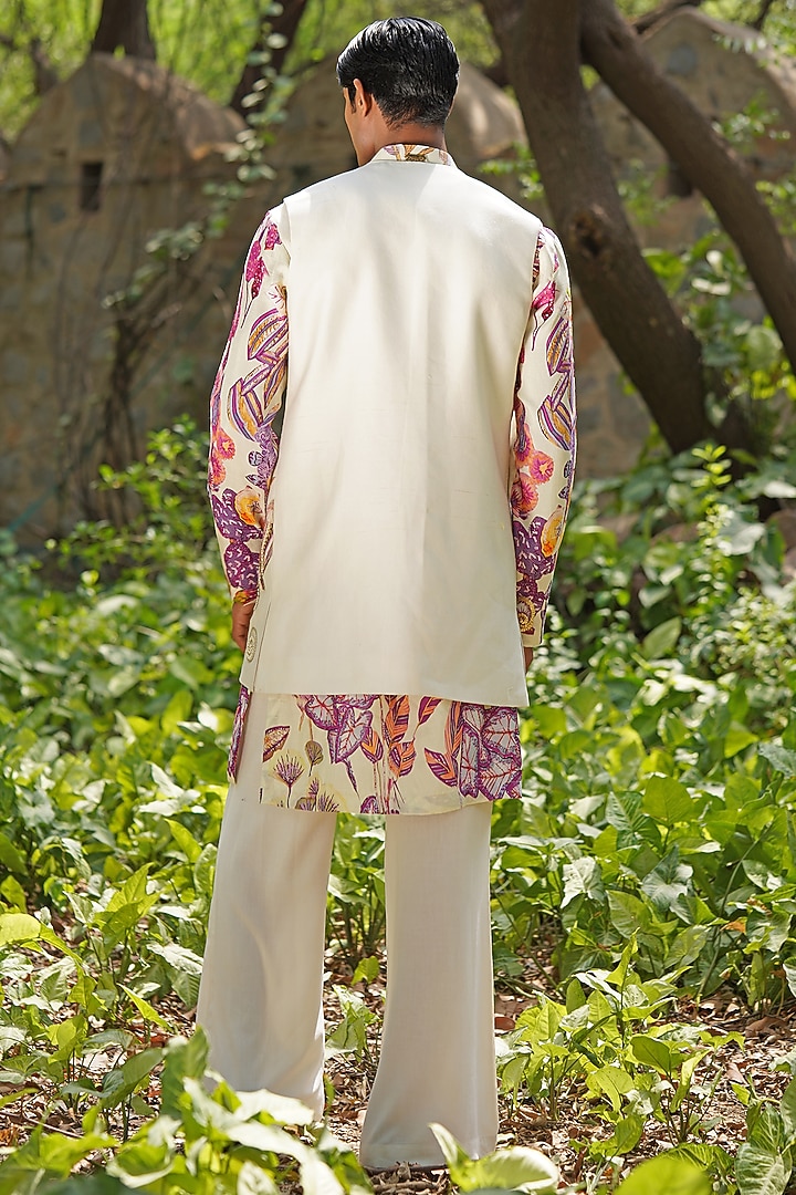 Ivory Raw Silk Hand Embroidered & Digital Printed Wedding Indowestern Set by Soniya G Men at Pernia's Pop Up Shop