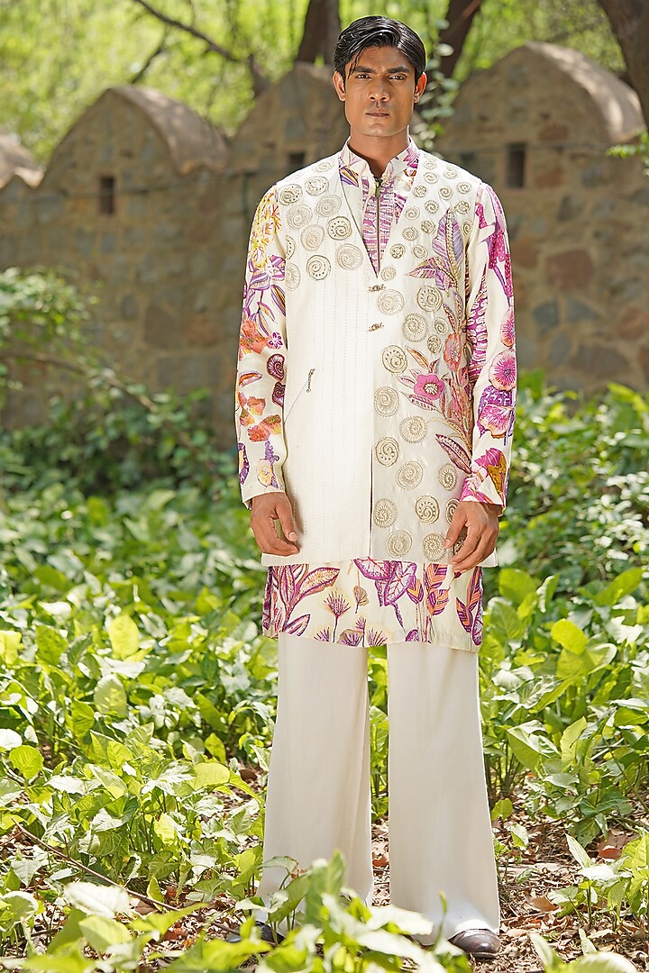 Ivory Raw Silk Hand Embroidered & Digital Printed Wedding Indowestern Set by Soniya G Men at Pernia's Pop Up Shop