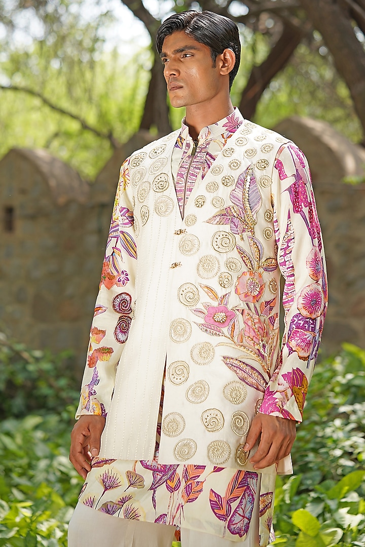Ivory Raw Silk Hand Embroidered & Digital Printed Wedding Indowestern Set by Soniya G Men at Pernia's Pop Up Shop