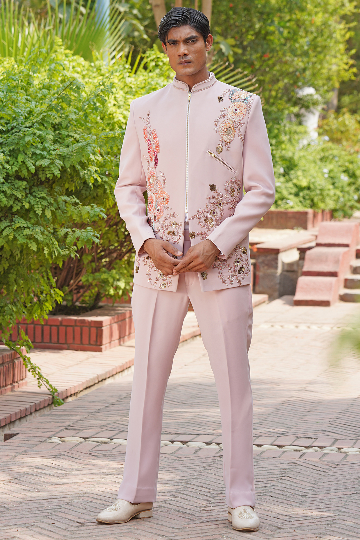 Blush Pink Textured Italian Suiting & Poly Viscose Blend Embroidered Sherwani Set by Soniya G Men