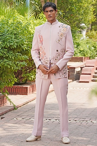 Blush Pink Textured Italian Suiting Embroidered Bandhgala Set by Soniya G Men