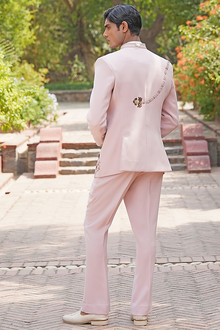 Blush Pink Textured Italian Suiting Embroidered Wedding Bandhgala Set by Soniya G Men at Pernia's Pop Up Shop