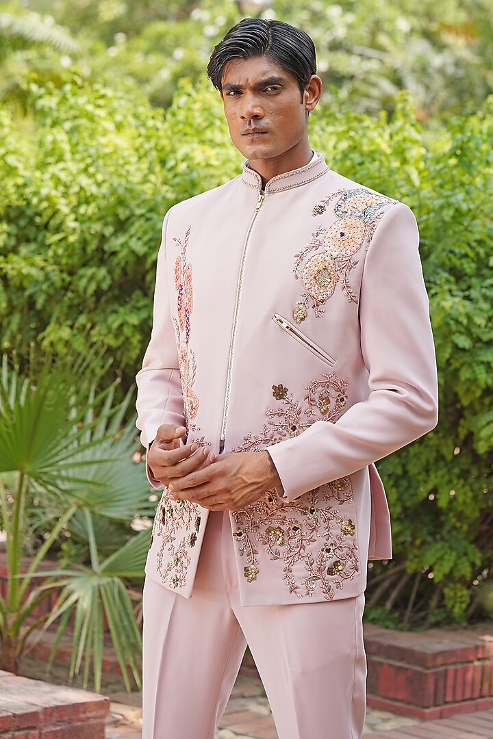 Blush Pink Textured Italian Suiting Embroidered Wedding Bandhgala Set by Soniya G Men at Pernia's Pop Up Shop