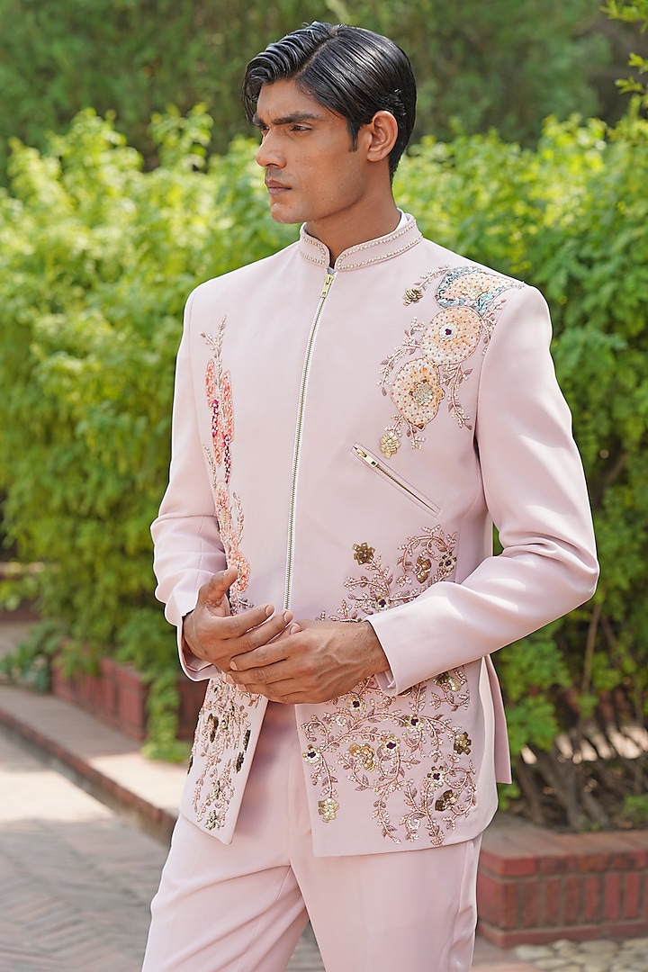 Blush Pink Textured Italian Suiting Embroidered Wedding Bandhgala Set by Soniya G Men at Pernia's Pop Up Shop