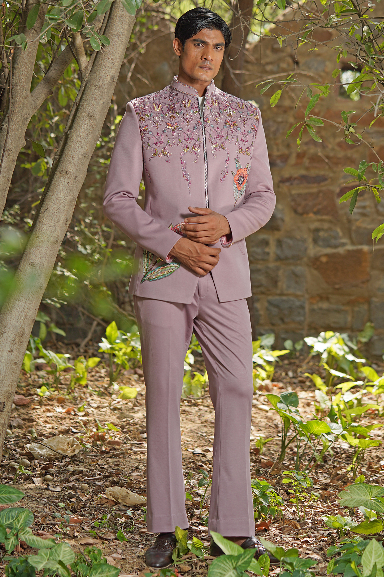 Mauve Textured Italian Suiting Embroidered Jodhpuri Set by Soniya G Men