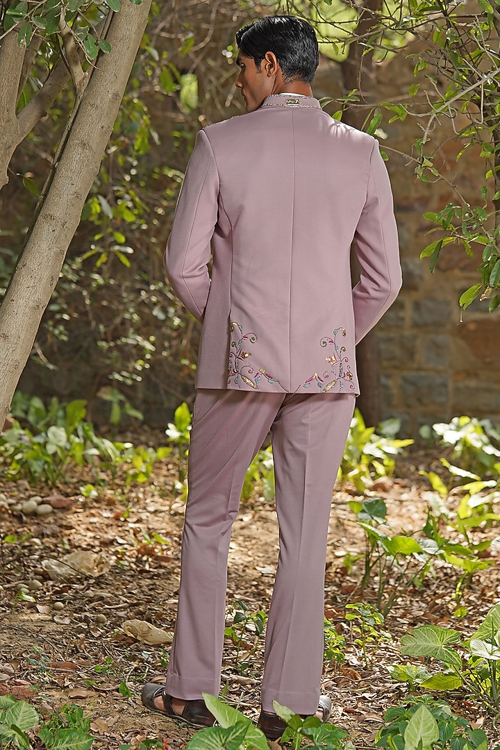 Mauve Textured Italian Suiting Embroidered Jodhpuri Set by Soniya G Men at Pernia's Pop Up Shop