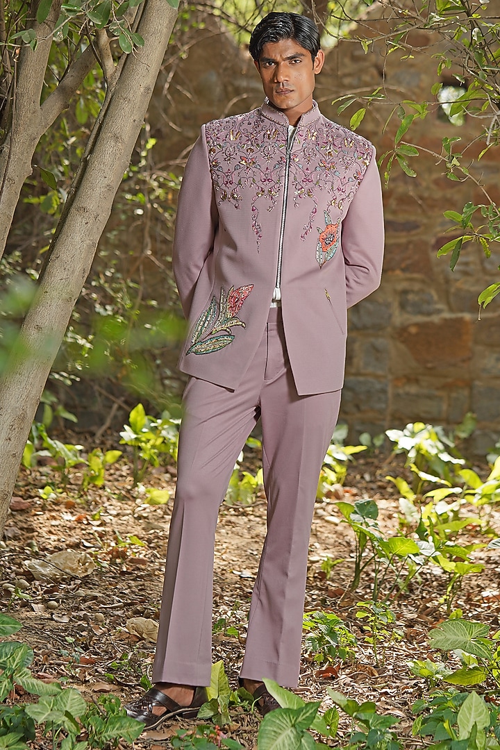Mauve Textured Italian Suiting Embroidered Jodhpuri Set by Soniya G Men at Pernia's Pop Up Shop