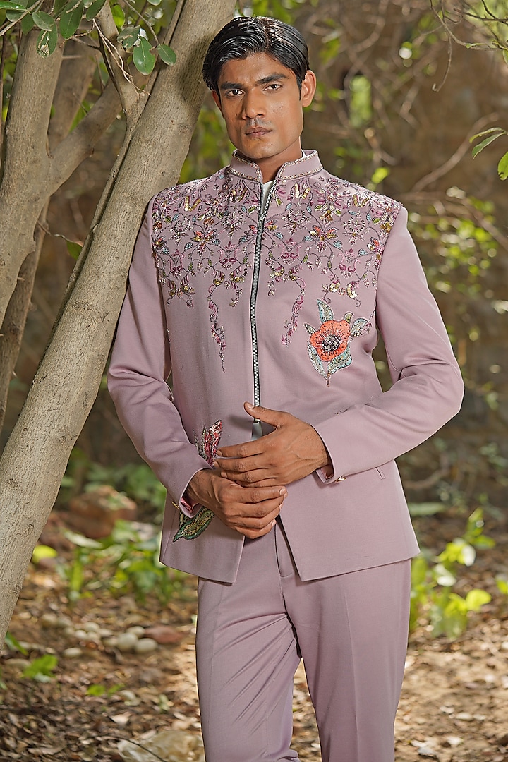 Mauve Textured Italian Suiting Embroidered Jodhpuri Set by Soniya G Men at Pernia's Pop Up Shop