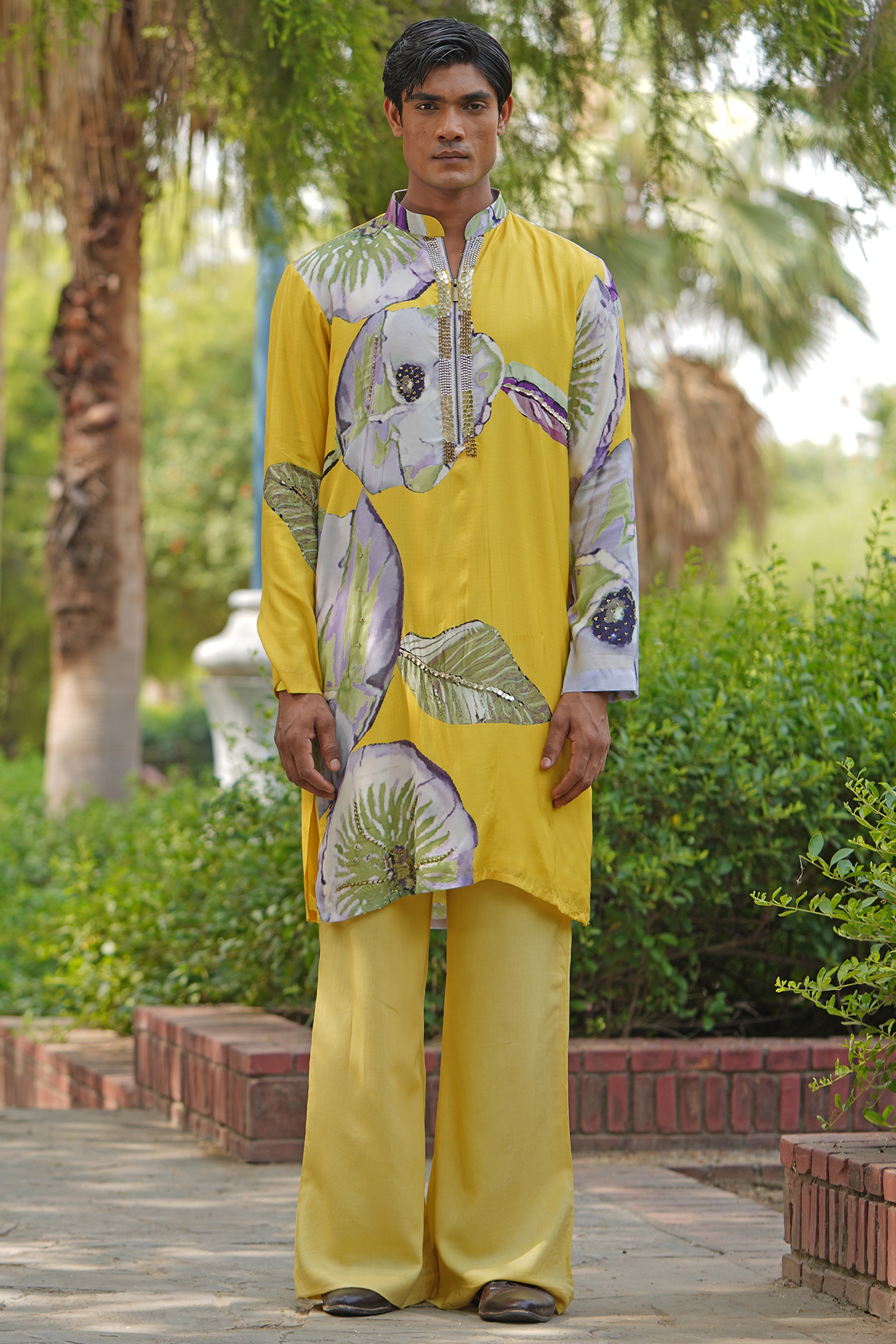 Yellow Luxe Satin Printed & Embroidered Kurta Set by Soniya G Men