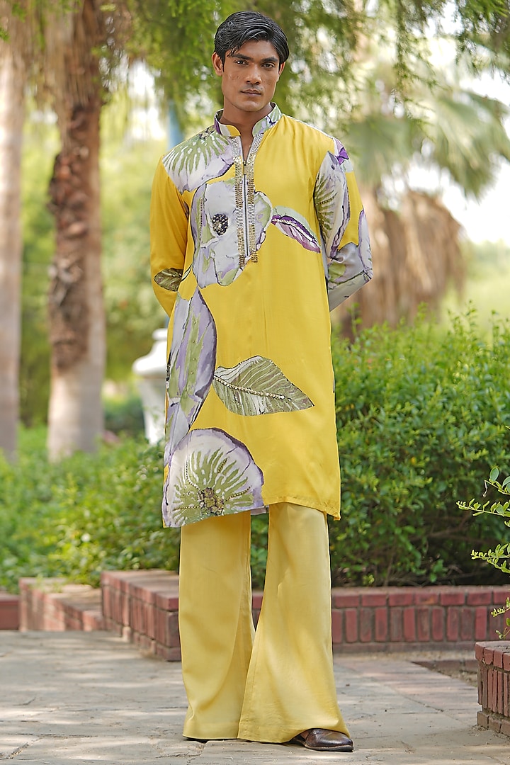 Yellow Luxe Satin Printed & Embroidered Kurta Set by Soniya G Men at Pernia's Pop Up Shop