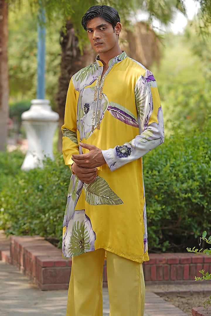 Yellow Luxe Satin Printed & Embroidered Kurta Set by Soniya G Men at Pernia's Pop Up Shop