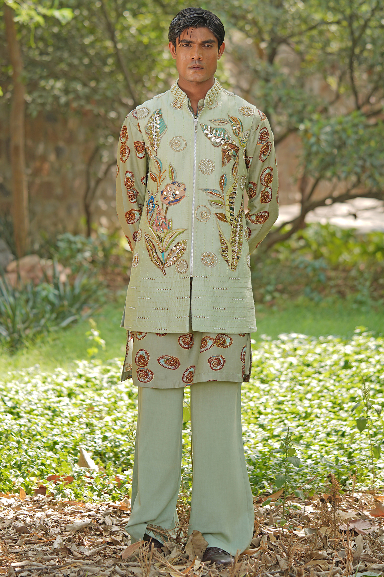 Green Cotton Silk Hand Embroidered Jacket Set by Soniya G Men