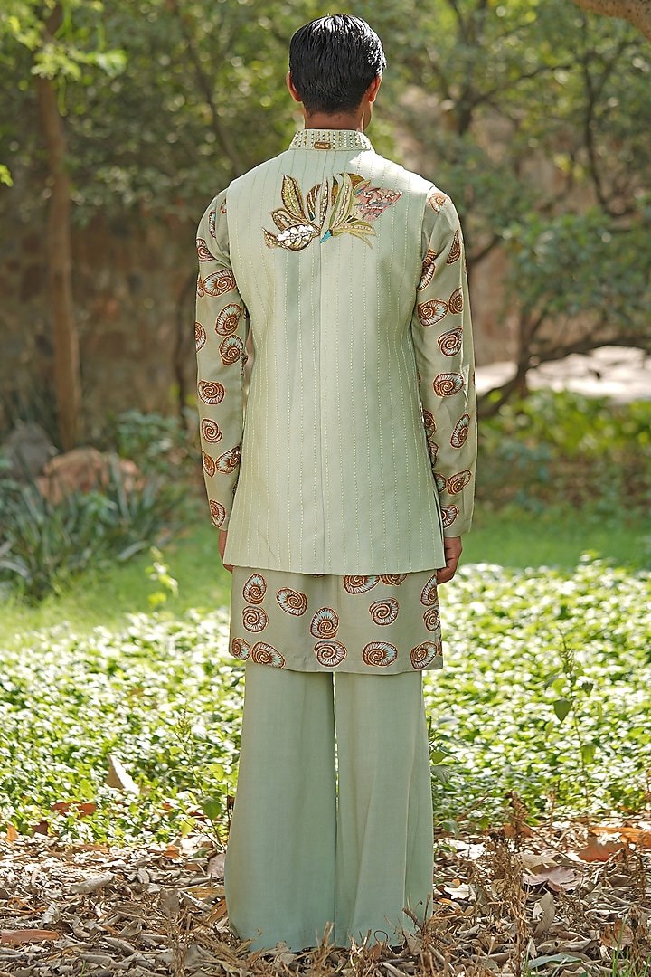 Green Cotton Silk Hand Embroidered Wedding Indowestern Set by Soniya G Men at Pernia's Pop Up Shop