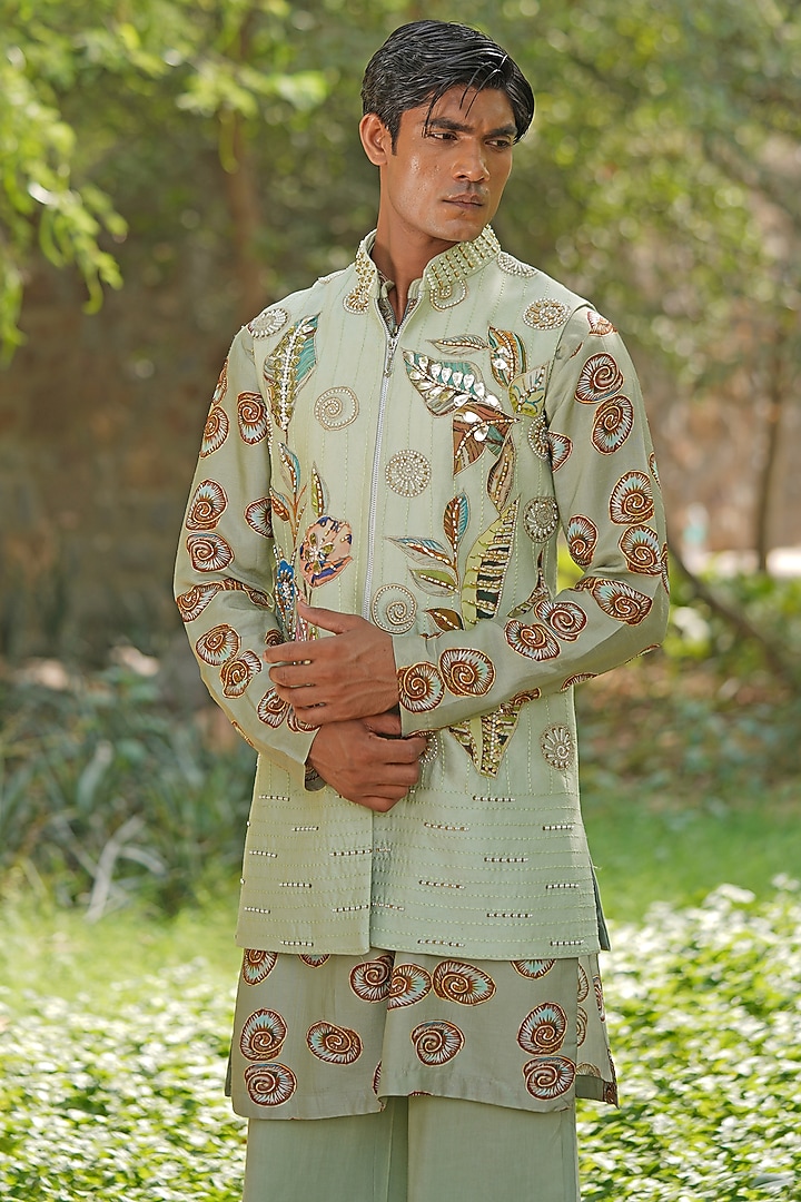 Green Cotton Silk Hand Embroidered Wedding Indowestern Set by Soniya G Men at Pernia's Pop Up Shop